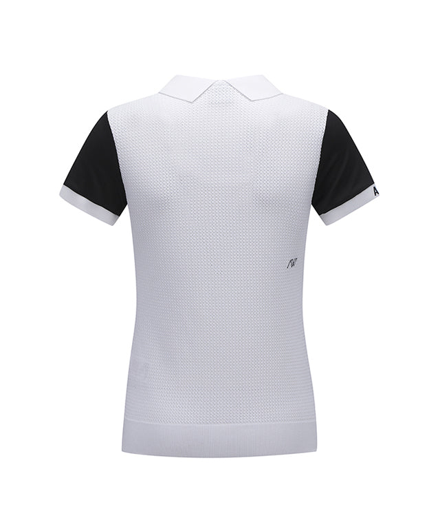 ANEW Golf Women's Back Knit Block Short T-Shirt in Black, featuring a stylish design with a mesh back panel for breathability.